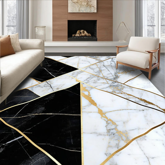 ODIKA 5'x7' Washable Area Rug - Contemporary Modern Abstract Gold Marble Elegant Black Non-Slip Chair-Friendly Carpet for Dining Room, Small Living Room, Bedroom, Flatwoven | Ref: 84054