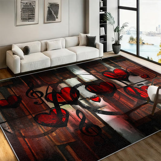Music Theme Heart Area Rug, 3x4ft,Indoor Cool Black Music Notesrugs,Electric Guitar Piano Drum Set Game Room Decora Carpet,Easy to Clean and Washable Music Player Rug,for Living Room Bedroom Floor Mat