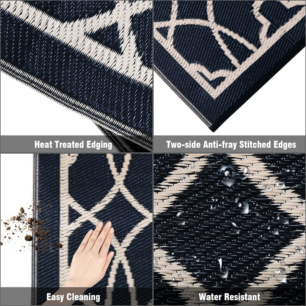 Pendolr 5’x8’ Outdoor Rug Waterproof Carpet Patio Rug Outdoor Plastic Straw Rugs Camping Rug Reversible Outside Outdoor Area Rug for Balcony Deck Backyard RV Picnic Beach Black&Beige 01#