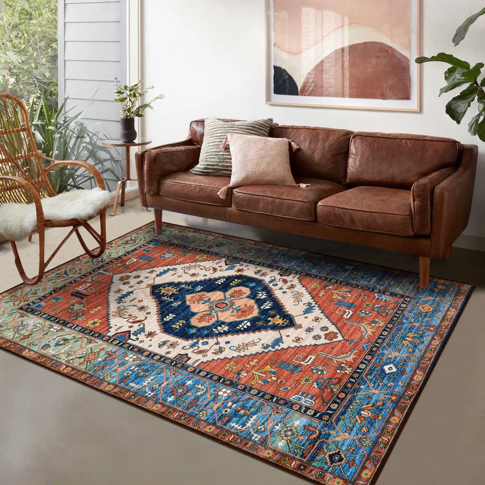 Lahome Boho Rugs for Living Room 4x6 Area Rug Machine Washable Bedroom Rugs Non-Slip Low-Pile Entryway Carpet Throw Oriental Distressed Kitchen Indoor Floor Carpet for Dining Room Bathroom Adelyn