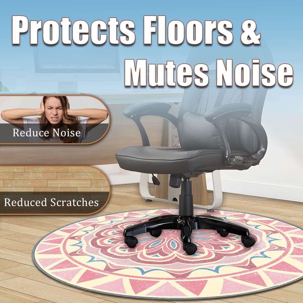 Office Short Pile Chair Mat, Non-Slip Noise-Reducing Desk and Chair Rug, 47 Inch Round Mat, Office、Study Decorative Rug for Wood Floors, Laminate and Ceramic Tiles (Mandalas)