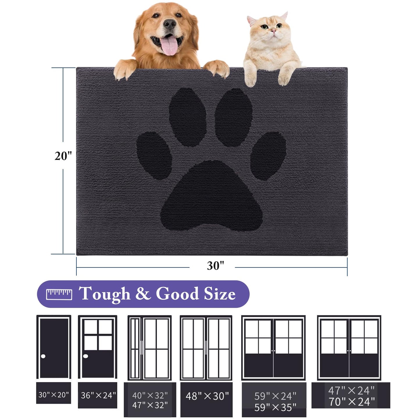 Buganda Dog Door Mat for Muddy Paws, Absorbent Dirt Trapper Non Slip Indoor Doormats, Washable Low-Profile Mat for Mud Dogs, Entryway Carpet for Inside Floor (30x20 Inches, Black)
