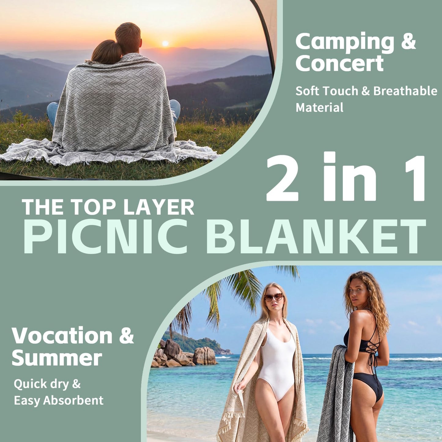 2 in 1 Extra Large Boho Beach Blanket Towel Picnic Rug Camp Mat Family Beach Trip Essentials Summer Vacation Must Have Travel Accessories Lake Day Necessities Stuff Thing Need Gear Gift Gadget 2026