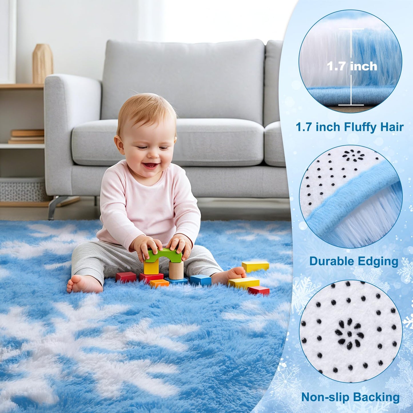 KIXINWA Hexagon Rug for Bedroom, 4x4.6 Area Rug for Living Room, Fluffy Carpet for Girls Kids Nursery Dorm Room, Soft Shag Non Slip Floor Rugs, Home Décor Carpet, Machine Washable, Blue Frozen