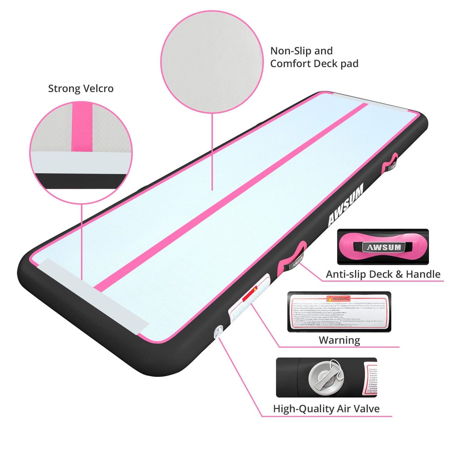 AWSUM Tumbling Mat 10ft/13ft/16ft/20ft Inflatable Gymnastics Air Mat 4/8 inches Thickness with Electric Pump for Home Use/Gym/Outdoor Pink/Black