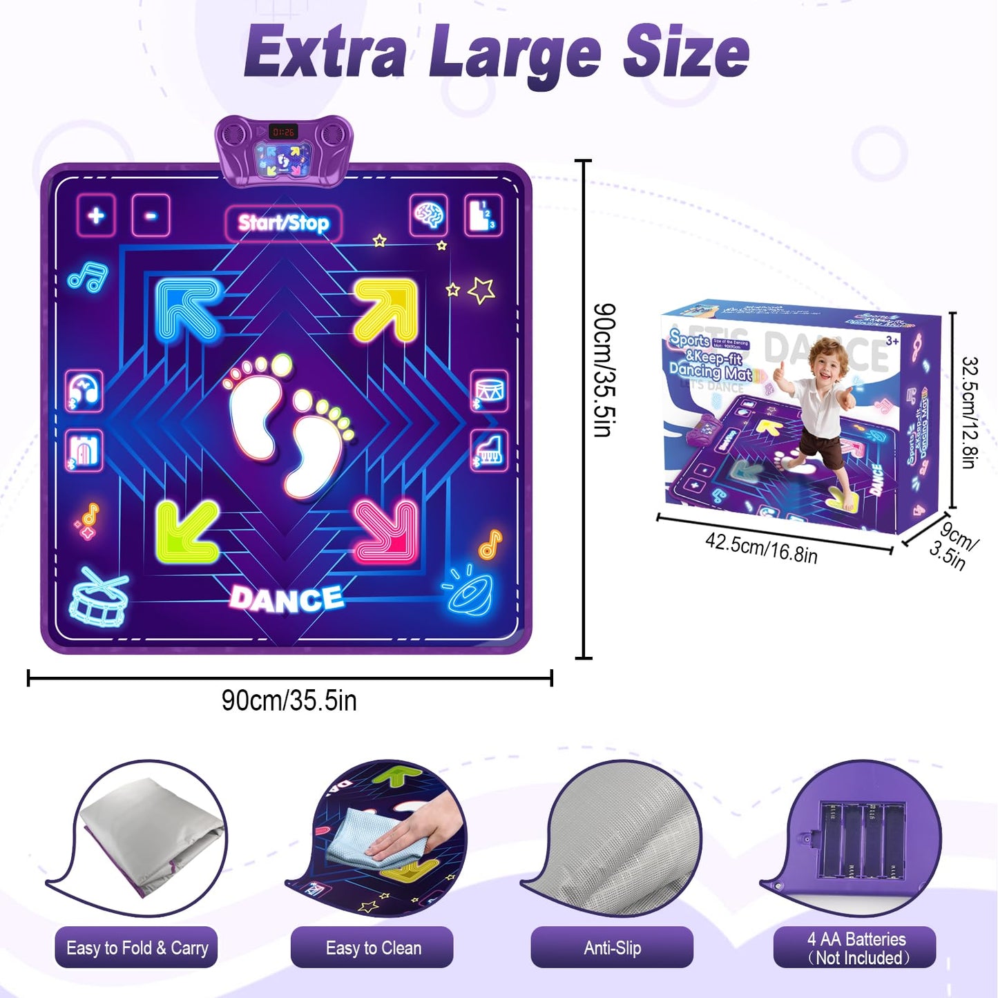 KAKTIN Dance Mat Toys for Kids, Dance Mats with LED Light & Wireless Bluetooth, Music Dance Toy with 5 Modes Game 3 Speeds, Birthday Xmas Gifts for 3-12 Year Old Girls Boys