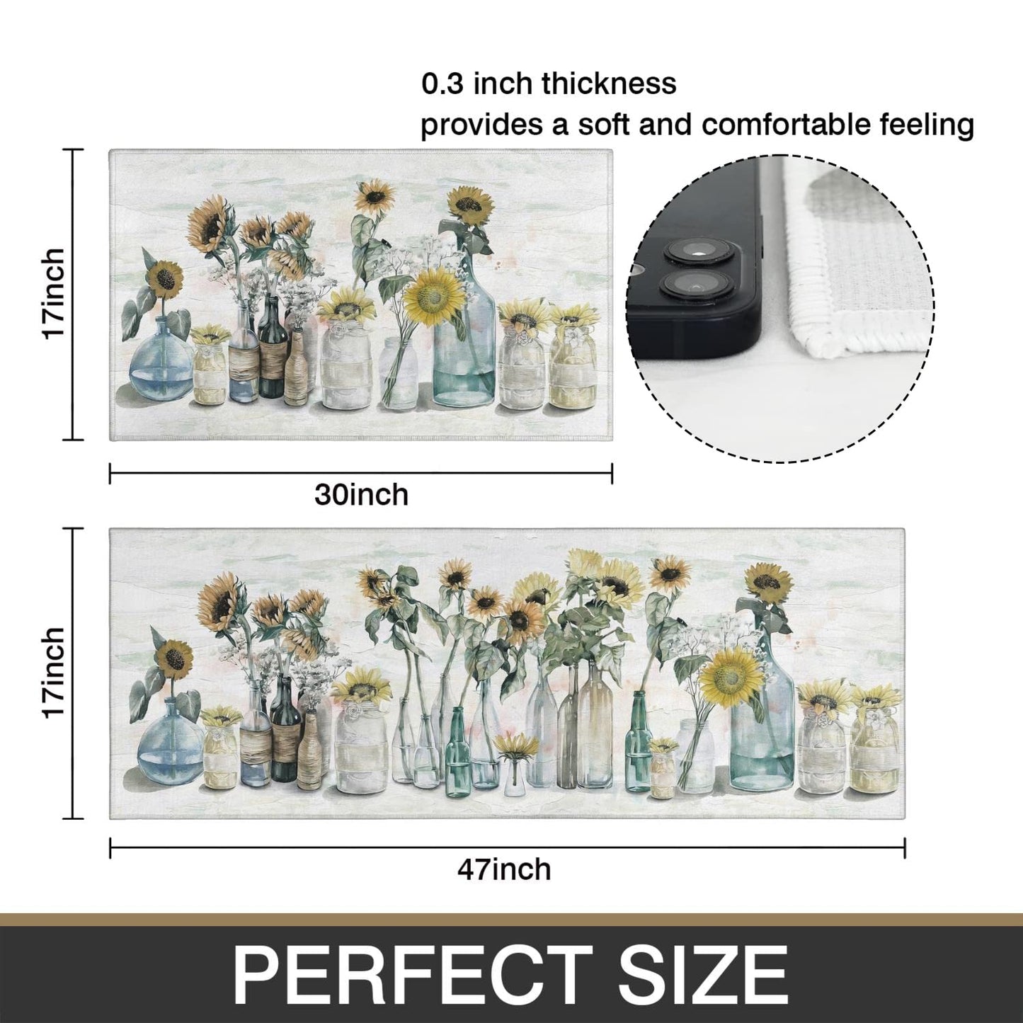 Xsinufn Sunflower Farmhouse Kitchen Rugs Set of 2,Colorful Spring Summer Flowers Kitchen Rugs and Mats Non Skid Washable,Farmhouse Kitchen Runner Rugs with Rubber Backing (17"x48"+17"x30")