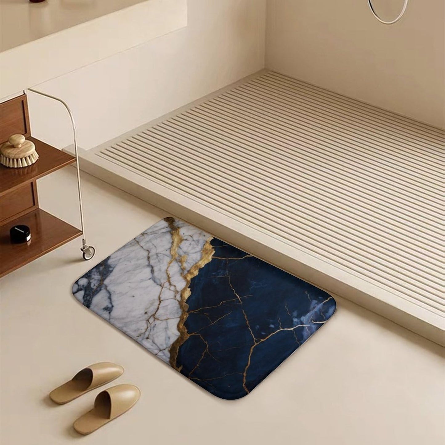 Marble Bath Rug 15.7" x23.6, Modern Foil Texture White Navy Blue Gold Marble Ultra Absorbent & Non-Slip Bath Carpet, Machine Washable, Soft Microfiber Bath Mats for Bathtub Laundry, Bathroom Floor