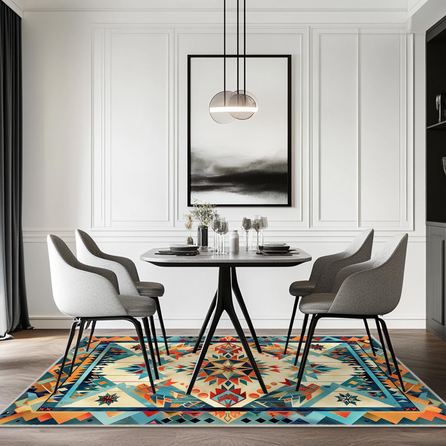 5x7 Aztec Rug Western Area Rug Southwestern Tribal Orange Blue Bedroom Ultra-Thin Soft Low Pile Large Carpet Living Room Non Slip Dining Room Stain Resistant Office Washable Machine