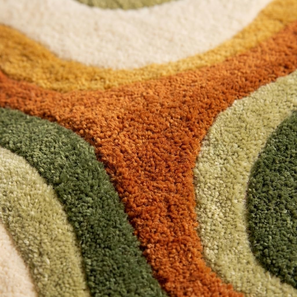 Hand Tufted Abstract Area Rug Wool Modern Wavy Pattern Carpet in Rust Orange Olive Green Cream for Living Room Bedroom Boho Decor Soft Plush Handmade Contemporary Floor Rug (2x2 ft / 60x60 cm)