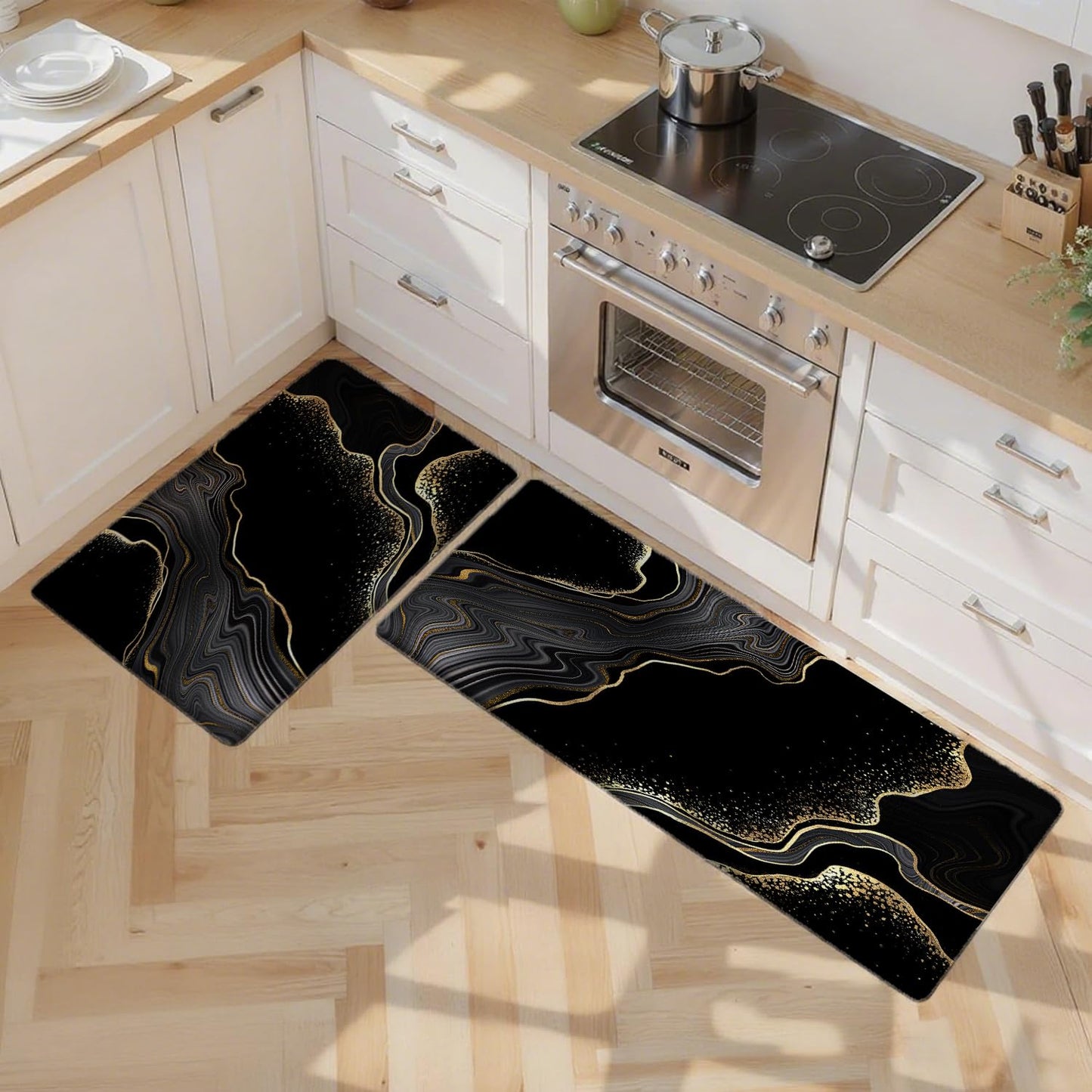 Azppsad Kitchen Mats Set of 2, Cushioned Anti Fatigue Non Slip Waterproof Runner, Black and Gold Marble Design, PVC Memory Foam, 17.3"x47" and 17.3"x29" Rectangle Rugs for Kitchen Sink and Laundry