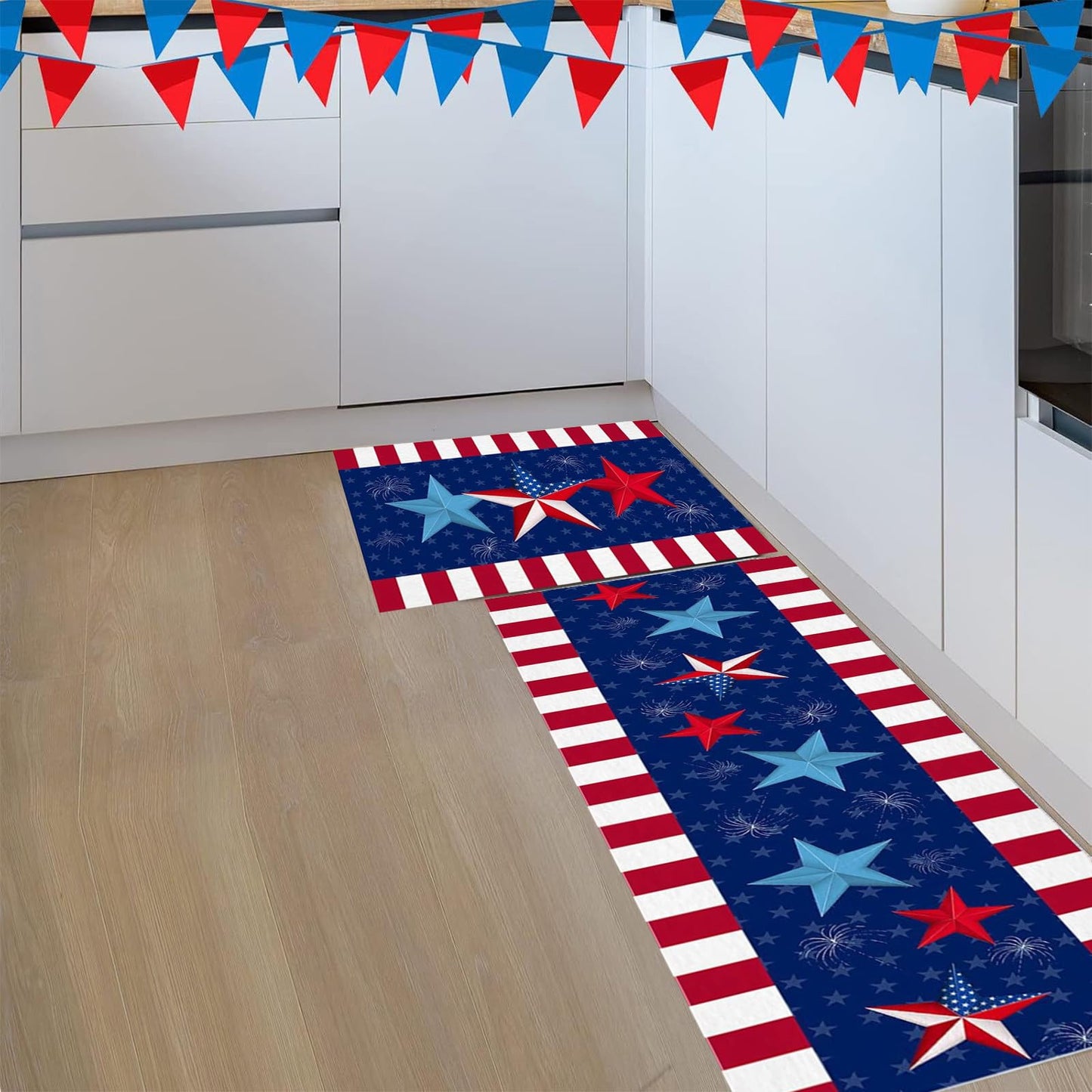 simplmasygenix 2PCS 4th of July Patriotic Kitchen Rugs, Red, White and Blue Stars and Stripes American Flag Floor Mats Washable Non-Slip Runner Rugs for Farmhouse Independence Day Decor (#2)