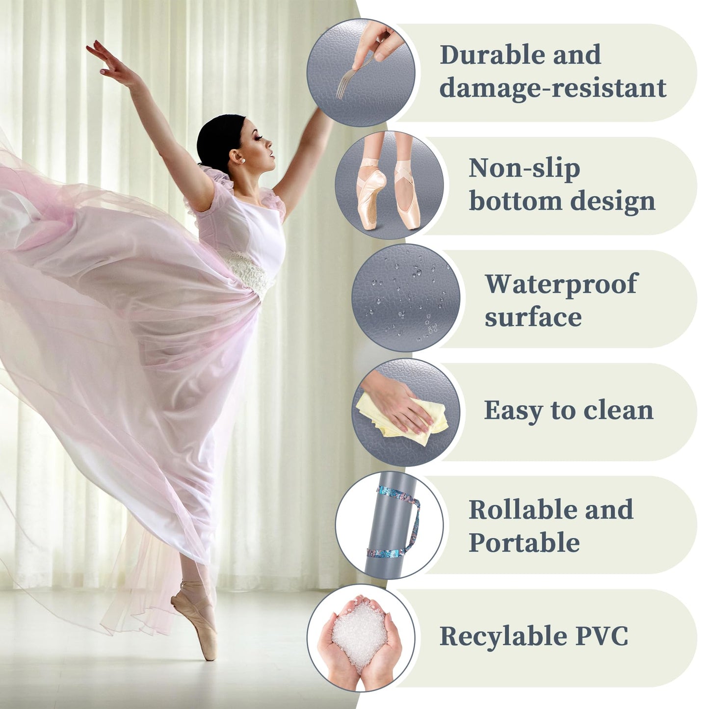 SINBDLAI Portable Dance Floor Mat, 4Ft x 6Ft Dance Floor with Straps for Ballet Jazz & Pop, 4.5mm Durable Non-Slip Grey PVC Exercise Flooring, Great for Home, Dance Schools