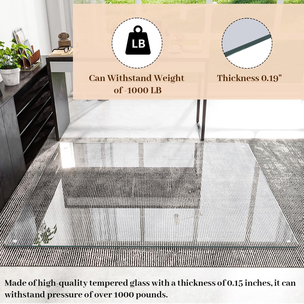 [Tempered Glass] 48" x 60" Glass Chair Mat, Heavy Duty Hard Tempered Glass Mat with Round Corner and Polished Edge, Transparent Glass Office Chair Mat for Office and Home Hard Floor or Carpeted