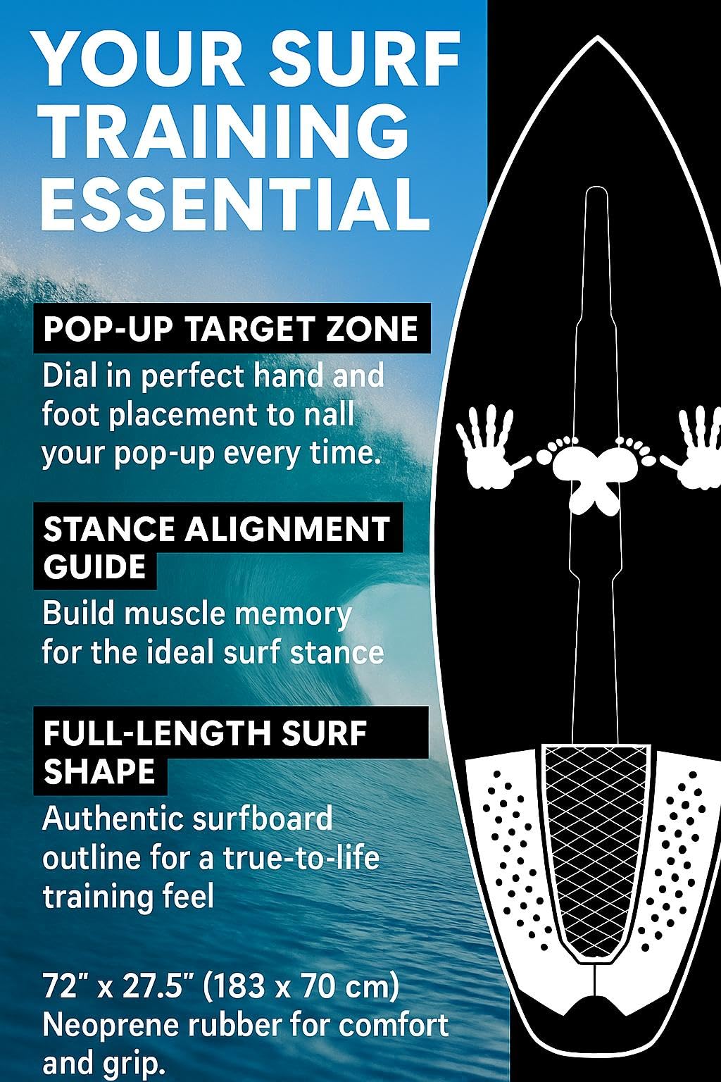 SurfStance Surf Training Mat 72" × 27.5" - Surf Yoga Mat for Pop-Up Practice, Balance & Surfing Workout - Durable Non-Slip Neoprene Rubber Surf Mat Trainer for Home and Surf Fitness