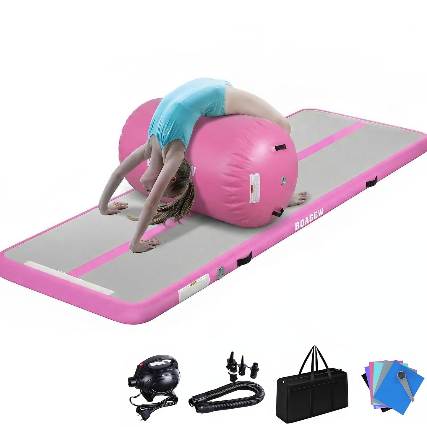 BOAGEW Gymnastics Mat with Air Roller,Inflatable Air Track Tumbling Mat for Home Gym Training, Tumble Track for Cheerleading/Gym/Training/Yoga/Beach/Water/Park Outdoor Use with Electric Air Pump ﻿