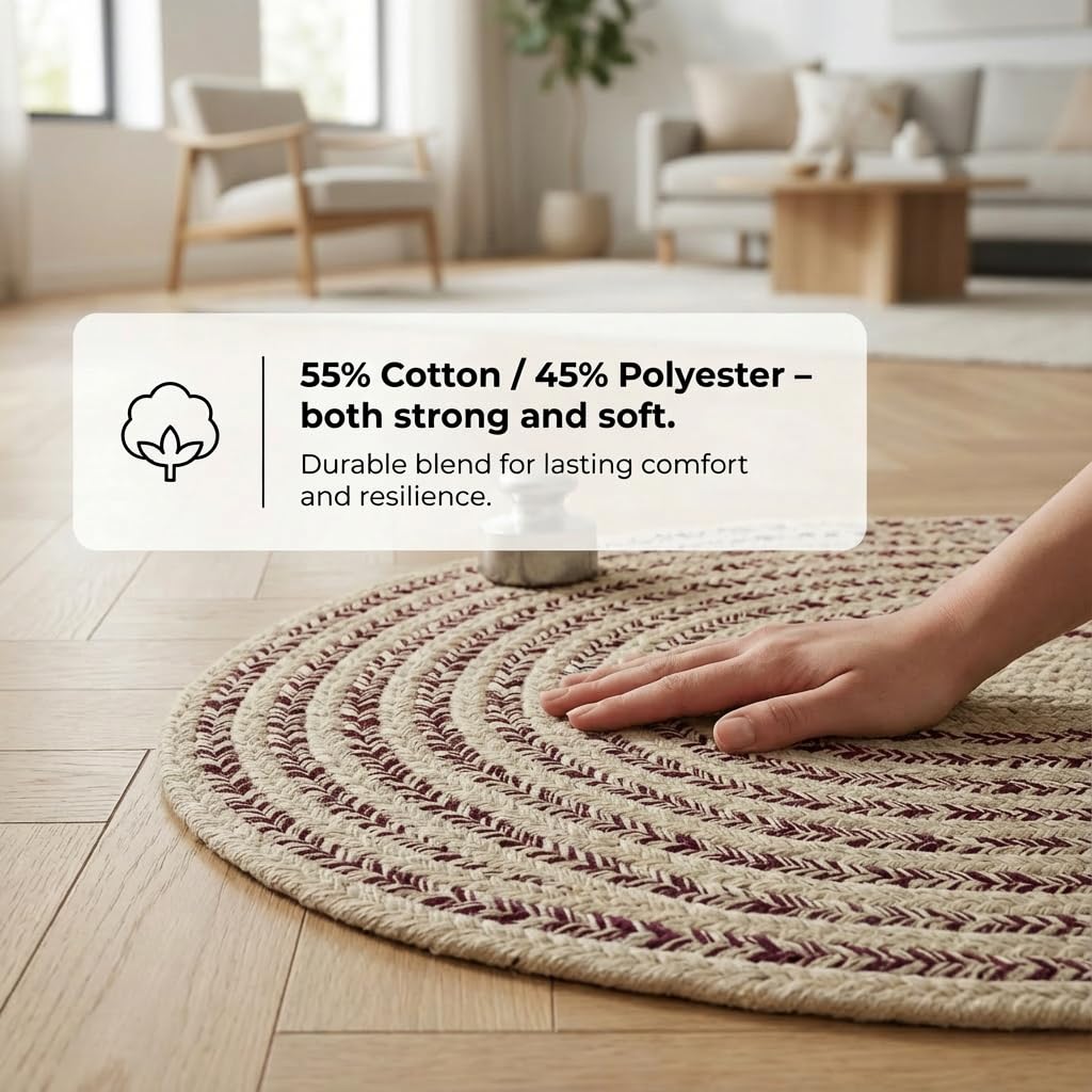 Cotton Braided Rug - 5' x 7' Beige and Burgundy Oval Woven Farmhouse Rug for Living Room - Braided Minimalist Rugs for Bedroom - Rustic Primitive Rugs for Dining Room