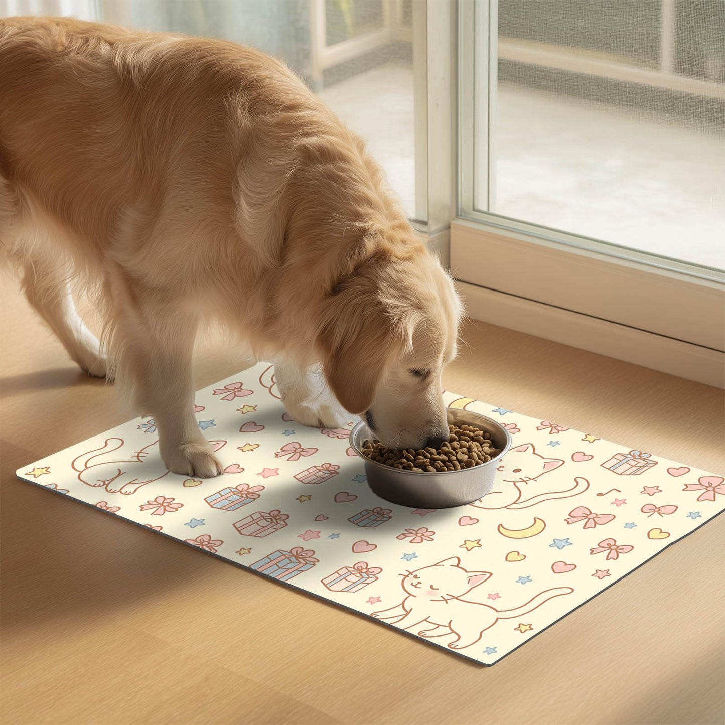 HOMETITUTE Cute Cat Pet Feeding Mat Adorable Kitten Food Placemat with Gift Bow and Star Print for Dogs and Cats Sweet Non Slip Mat for Dog Cat Food and Water Bowls Home Kitchen Decoration 20" x 12"