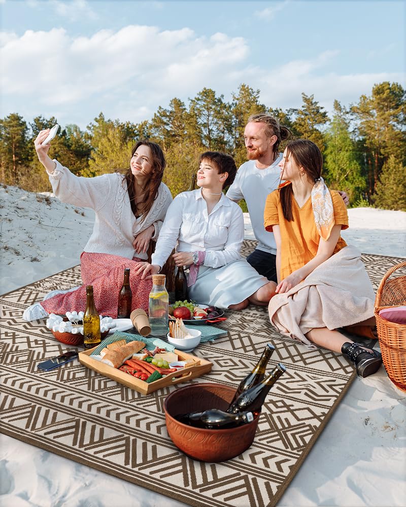 Outdoor Rug Carpet 5x8 ft, Flatweave Textured Outdoor Patio Rug Non Slip Indoor Outdoor Rugs with Rubber Particles Backing Boho Outdoor Area Rug for Patio Deck Front Porch Backyard Balcony, Brown
