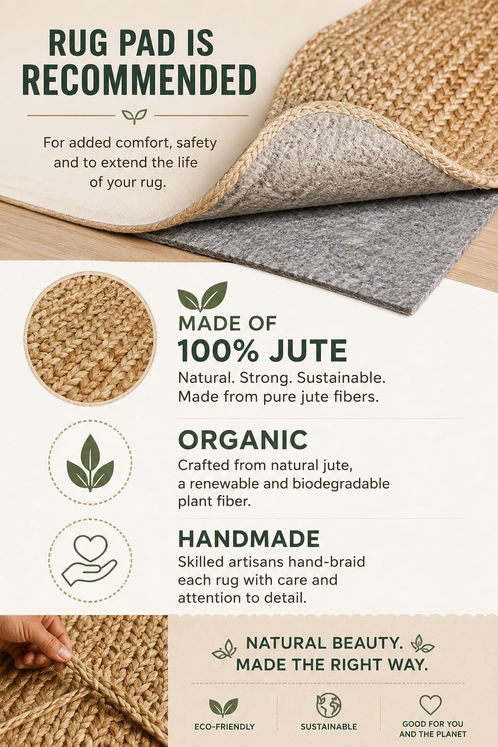 VAYAN Handwoven Natural Jute Rectangular Rug | Rustic Vintage Braided Rug | Nature Friendly Floor Mat for Living Room, Bedroom, Kitchen, Farmhouse, Patio, Hallway Carpet (Beige, 2'x3' Feet)