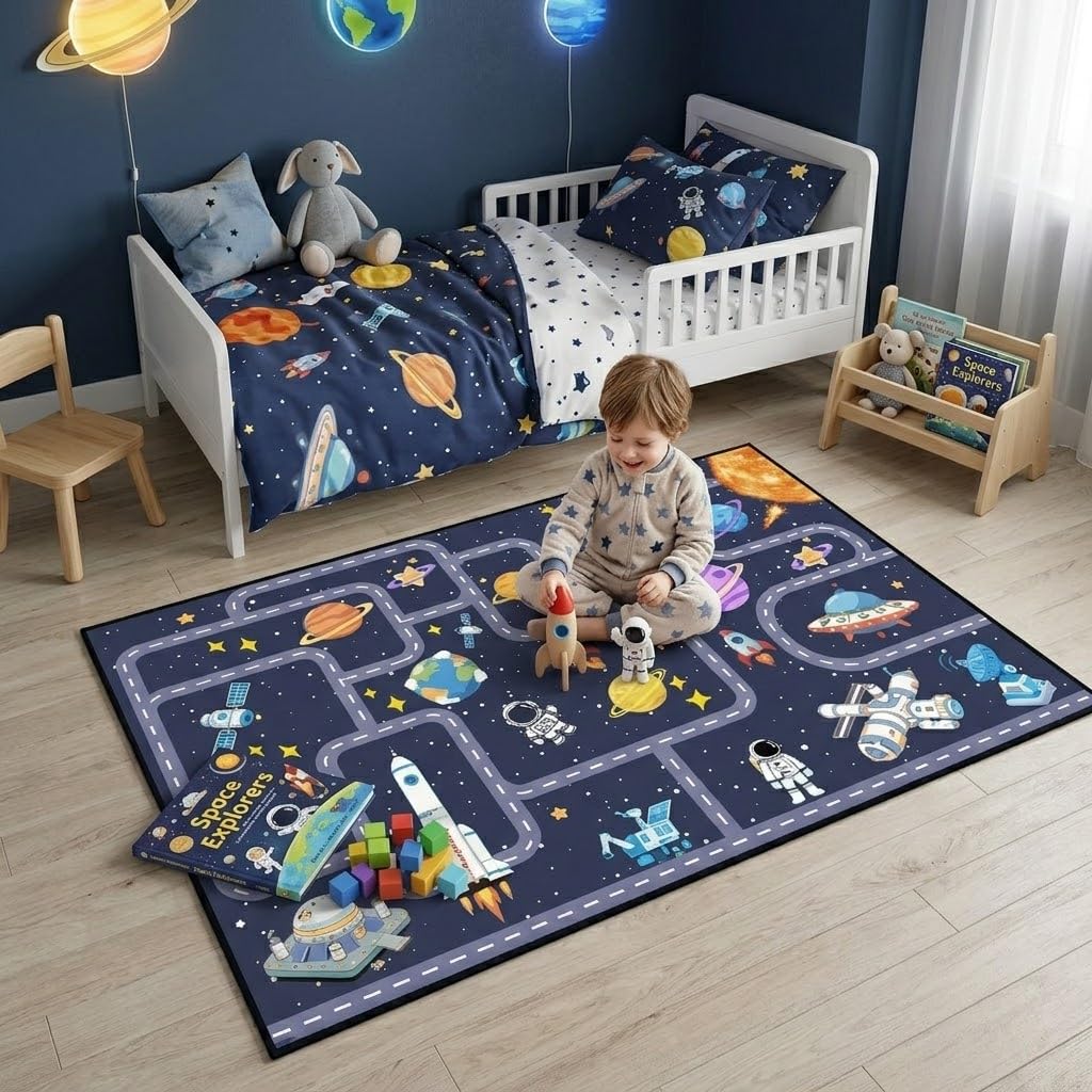 FTBNIQWRHN Outer Space Rug for Boys Room 2.5x4 Feet, Non-Slip Kids Rug with Roads and Tracks, Solar System Planet Play Mat, Galaxy Area Rugs for Bedroom, Playroom, Educational Floor Carpet