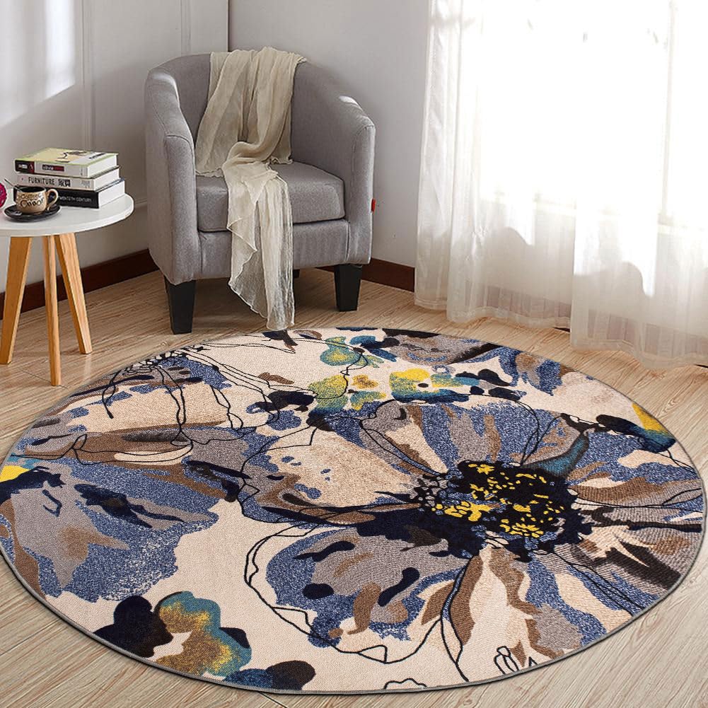 Rugshop Cream Bright Flowers Non Slip Non-Shedding Round Area Rug for Living Room, Dining Room and Bedroom, 8'