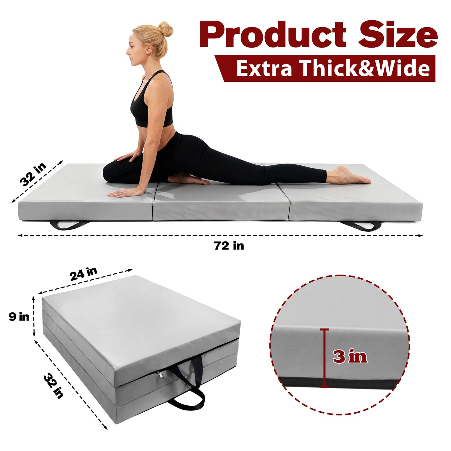 3inch Thick Workout Mat,6 * 2.5ft Extra Thick Wide Folding Yoga Mat, Tri-Fold Exercise Mats, High-Density Non Slip Gymnastics Mats with PU Leather Cover for Fitness Pilates Stretching