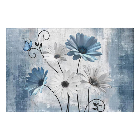 Blue Grey Daisy Area Rug 2x3 Rustic Vintage Floral Front Porch Door Mat Summer Spring Flower Small Non-Slip Low Pile Throw Rugs Washable Outdoor Indoor Entryway Carpet for Living Room Bedroom