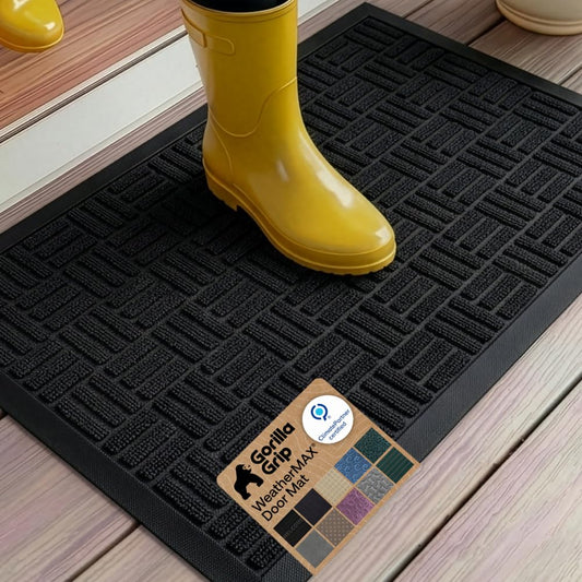 GORILLA GRIP 100% Waterproof All-Season WeatherMAX Doormat 35x23, US Designed Natural Rubber, Stain and Fade Resistant, Low Profile Indoor Outdoor Door Mats, Easy Clean Patio Mat, Black Maze
