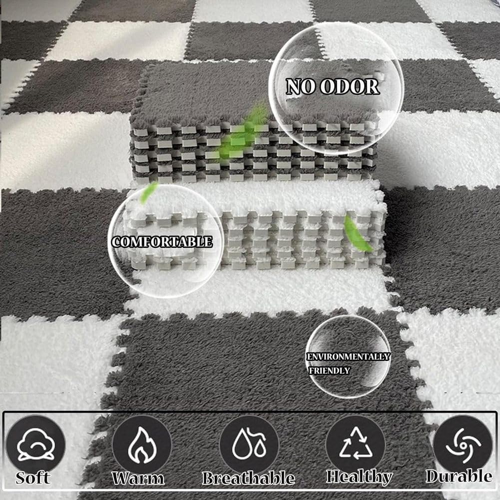FYYSJW 10 Piece Plush Patchwork Foam Floor Mat, Soft Interlocking Floor Carpet Squares, Fluffy Puzzle Area Rug, 12 X 12 Inch,Khaki