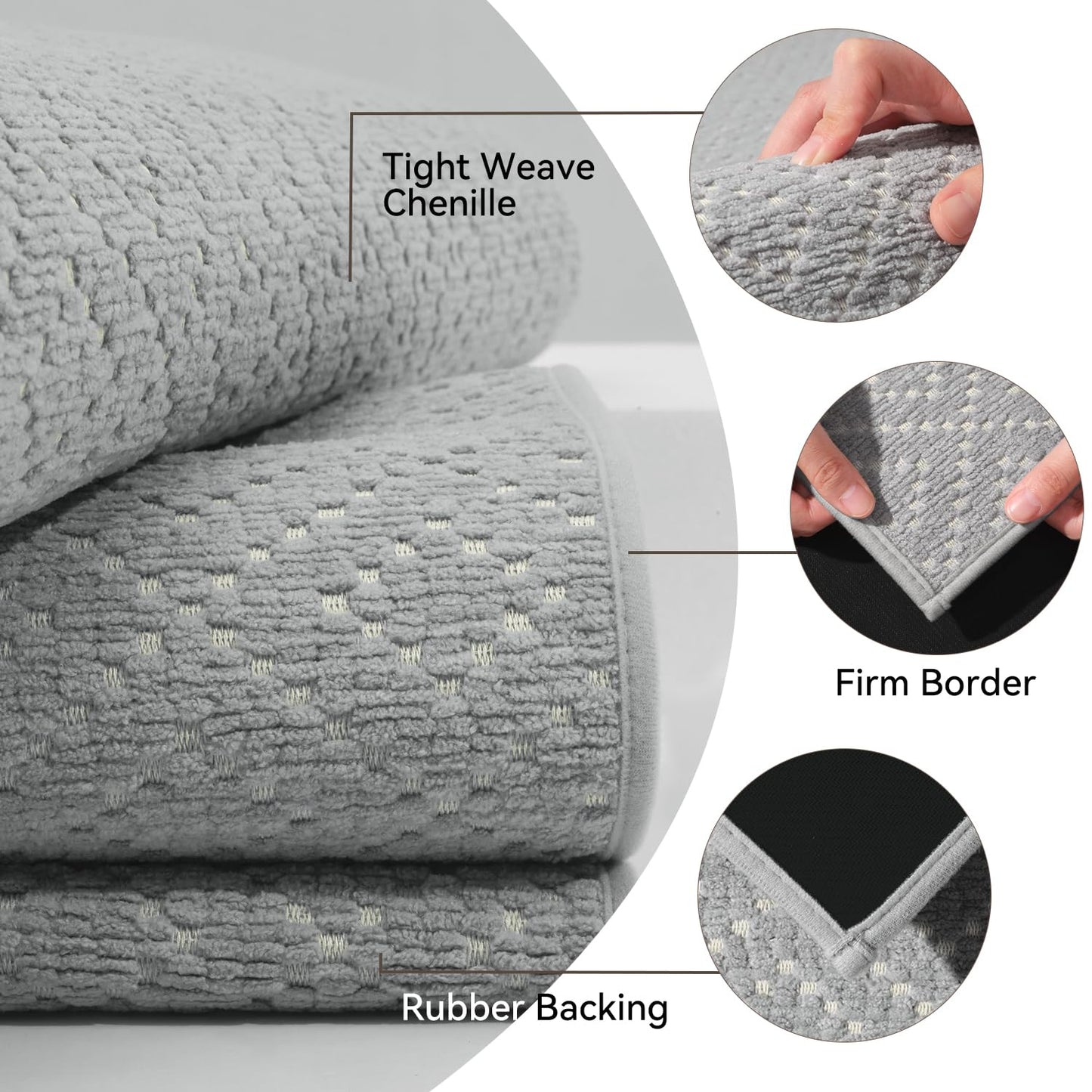 AMOAMI Thin Bath Mat, Super Absorbent Bath Mats for Bathroom, Quick Dry Rubber Backed Bath Rug Non Slip, Chenille Surface Thin Bathroom Rugs Fit Under Door,Low Pile Shower Rug,Grey,17" x 28"
