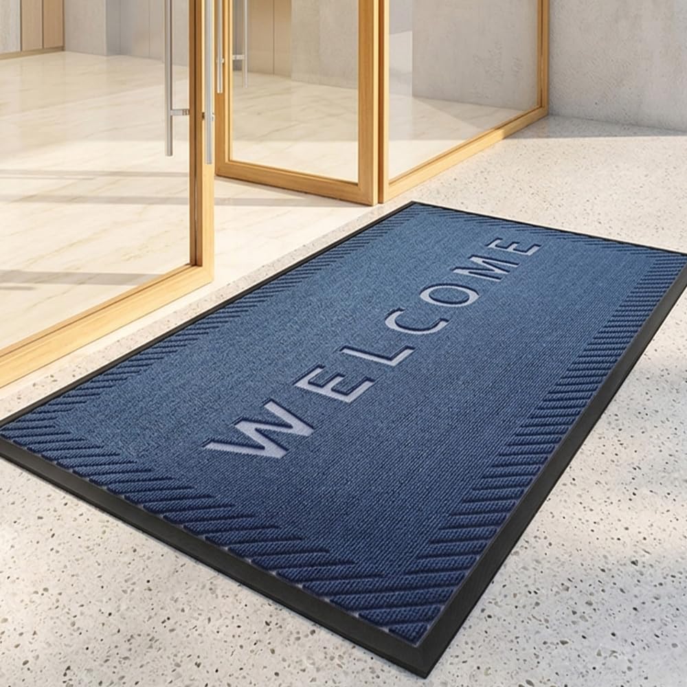 MATZEN Welcome Mats for Front Door Outdoor, Indoor Non Slip Floor Mat Entrance, Heavy Duty Waterproof Dirt Trapper Rubber Backed Low Profile Entryway Mud Home Garage Porch Office, 3x2, Blue