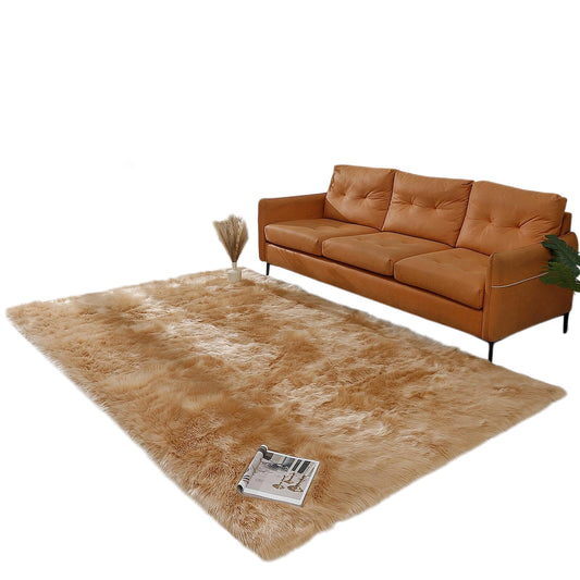 linmopm Faux Fur Rug Sheepskin Shag Fluffy Fuzzy 6x9 ft Beige Rugs for Bedroom Bedside Bed Floor Living Room Plush Rectangle High-Density Cushion Carpet Super Sofa Cover