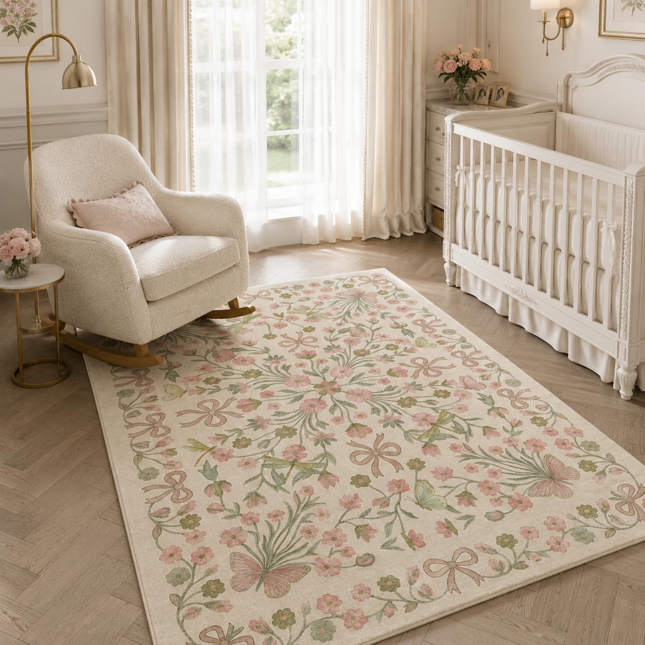 BreezeRise 5x7 Area Rug for Living Room，Boho Beige Butterfly Bow Rug Pink and Green Florals，Non-Slip Washable Foldable Bedroom，Dining Room