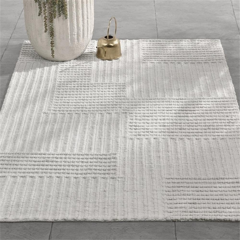 Pemberly Row Handwoven Sustainable Area Rug, 5'x8', Recycled Fabric, Ivory Finish, Durable Contemporary Geometric Design, Eco-Friendly Accent Rug for Living Room or High-Traffic Areas