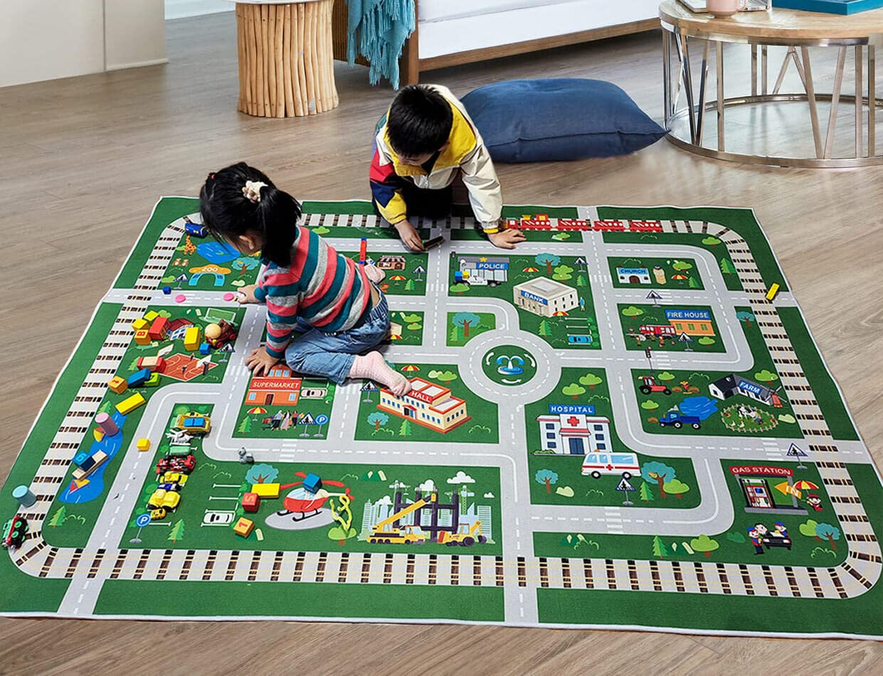 Kids Playroom Car Rug Play Mat - City Life Road for Cars, Fun City Map for Track Toys, Carpet for Bedroom Boys (6'7"x4'7")