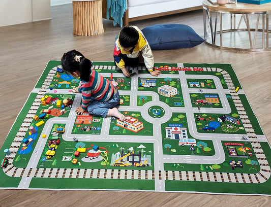 Kids Playroom Car Rug Play Mat - City Life Road for Cars, Fun City Map for Track Toys, Carpet for Bedroom Boys (6'7"x4'7")