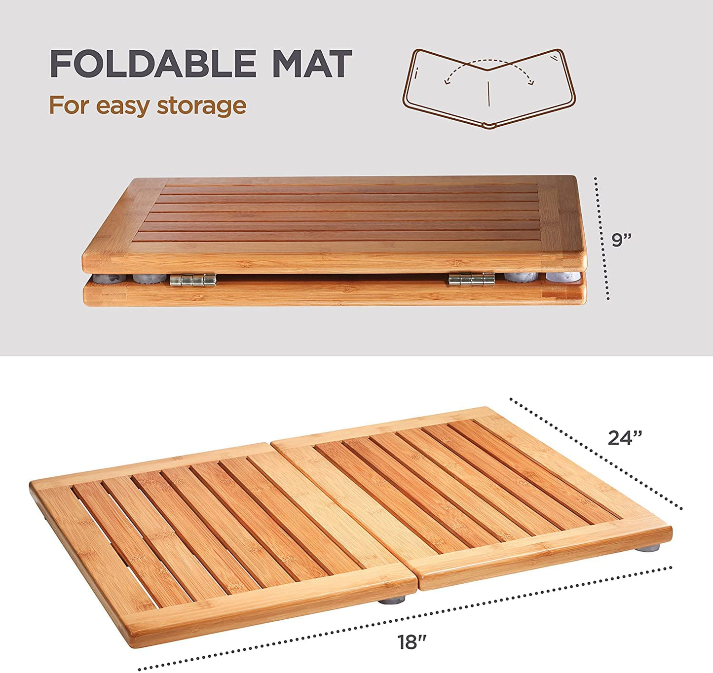 Bamboo Bath Mat - Foldable Wooden Shower Mat, Non-Slip Bamboo Bathroom Mat for Indoor/Outdoor Use, Spa & Sauna Floor Mat, Wood Bath Mat 24" x 18"
