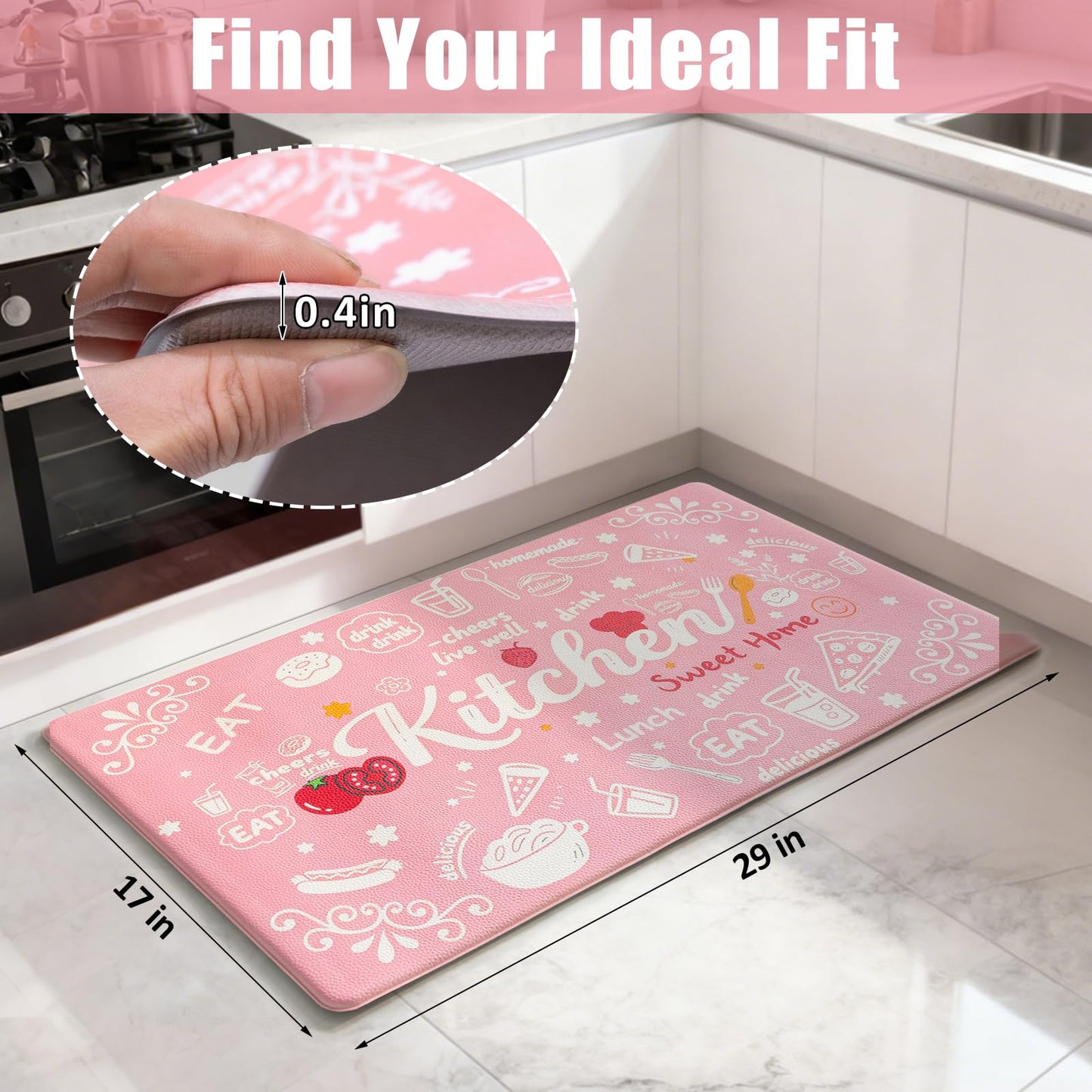 JSVSLTD Kitchen Rugs 17"x30" Cushioned Anti-Fatigue Rugs with Rubber Backing, Thick Comfort Floor Mats for Kitchen, Entryway, Laundry Room, Hallway, Pink