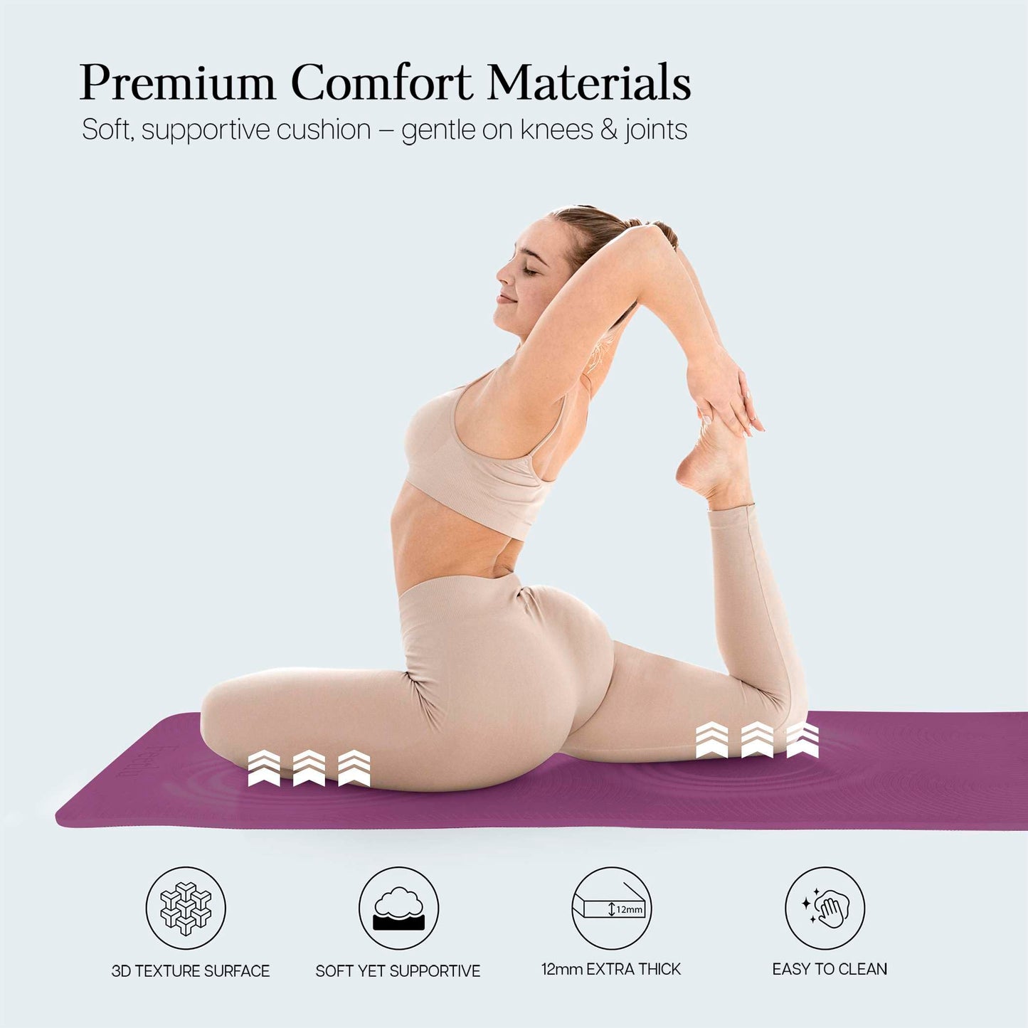 Feetlu Extra Thick 12mm Exercise Mat – 74"L x 26"W Inch, Non-Slip, Joint-Friendly & Cushioned Fitness Mat for Yoga, Pilates & Floor Workouts – Durable, Supportive & Includes Feetlu Classic Strap (Purple)