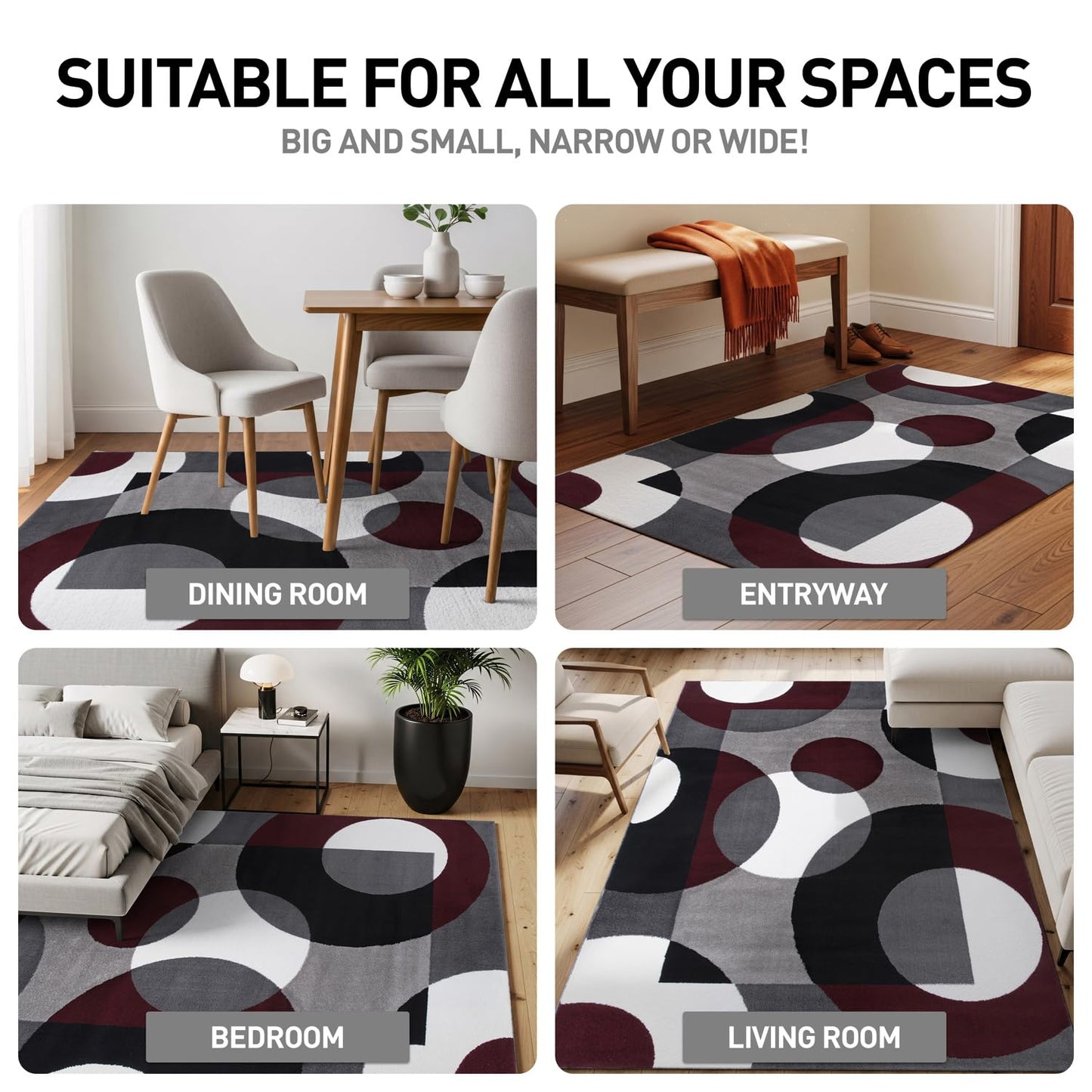 Rugshop Modern Circles Carpet Easy Maintenance for Home Office,Living Room,Bedroom,Kitchen Soft Area Rug 9' x 12' Burgundy