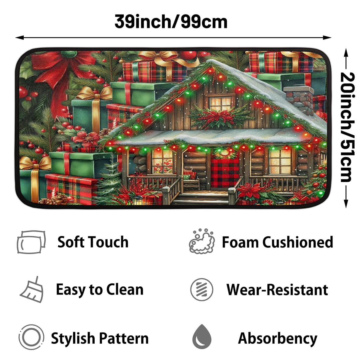 Kitchen Rug Christmas Red Green House Absorbe Floor Mat Non Slip Rubber Backing Kitchen Mat for Indoor Sink Bathroom Hallway Entryway Home Holiday Decorative Throw Carpet 39X20 in