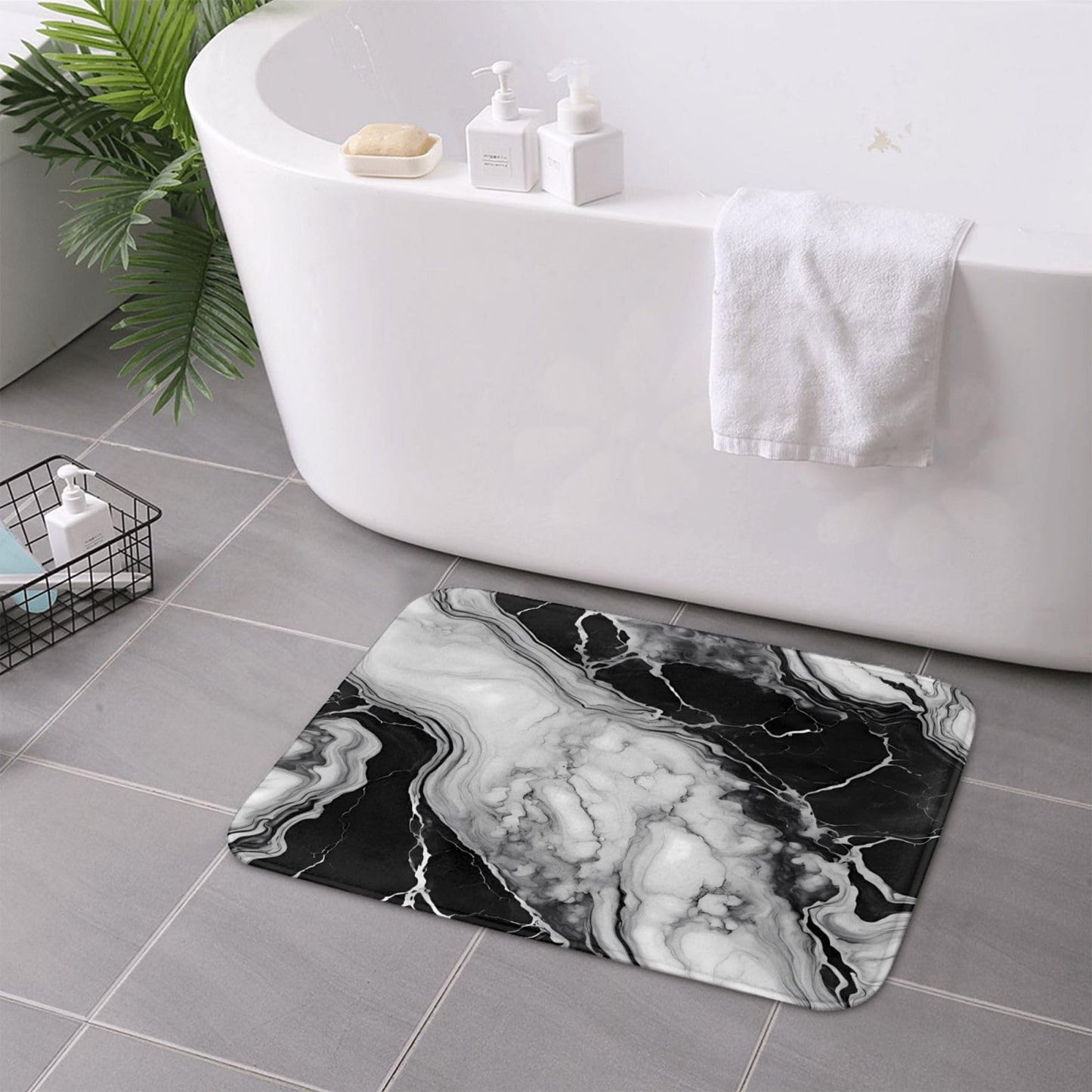 Sovvin Black and White Marble Bath Mat, Non-Slip Microfiber Rug, Soft Absorbent Kitchen Door Mat for Bathroom,Bedroom, 16x24 Inches