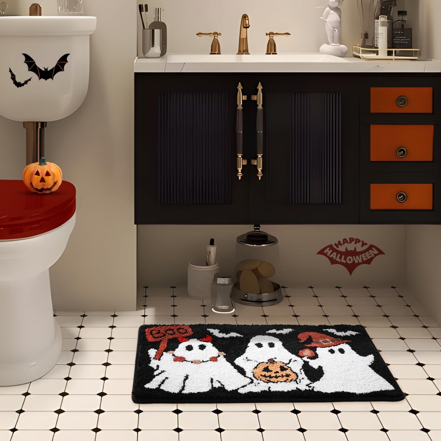 Ghost Bath Mat 16x24 Inch, Soft and Absorbent Tufted Halloween Bathroom Rug Non Slip Washable, Halloween Bathroom Boo Decor Rug Holiday Decorations