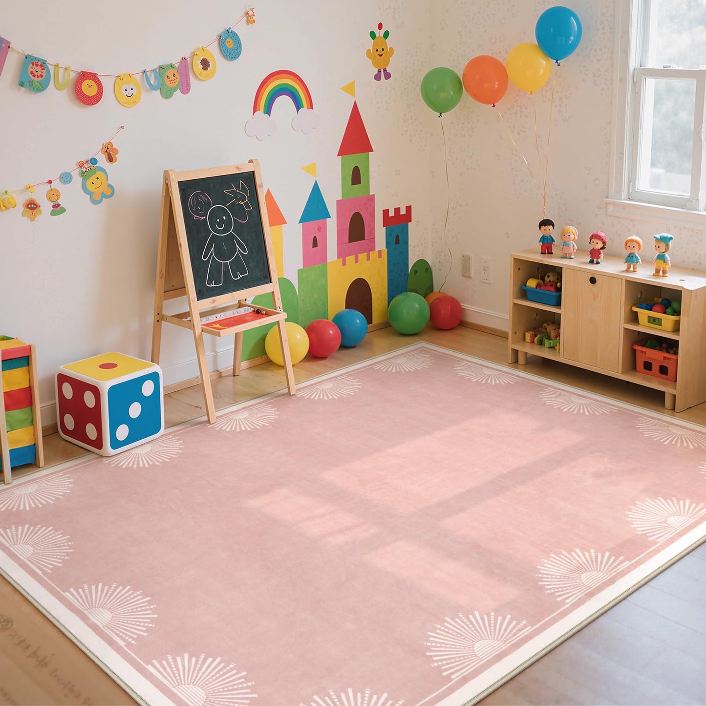 Hedlive Modern 5x7 Pink Area Rugs for Bedroom Girls, Ultra Thin Washable Nursery Rug for Kids Room, Soft Sun Print Toddler Room Rug,Boho Non Shedding Baby Carpets for Classroom Dorm Girls Decor
