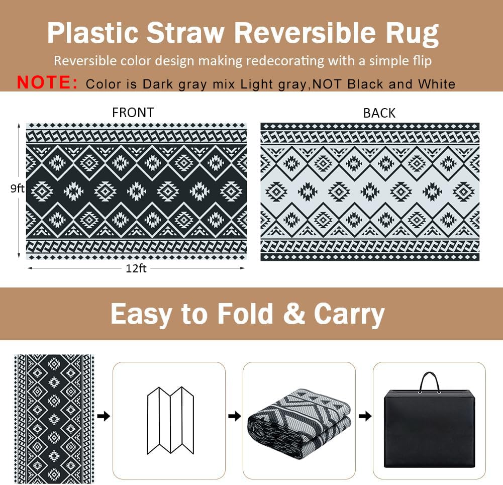 LILIOFFIC Outdoor Rug 9x12 ft, Waterproof Outdoor Plastic Straw Rug for Camping, Large RV Mat Outside, Outdoor Carpet for Deck, Backyard, Balcony, Picnic, with 4 Stakes, Grey