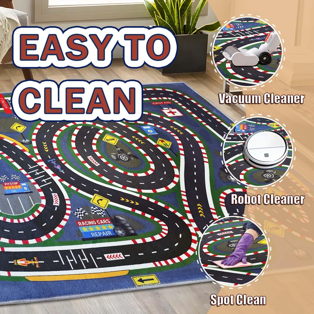 JUFORHQC Kids Rug,Children's Room Rug,Road Race Play Rugs, Rail City Living Rugs, Washable Non-Slip Play Mats. (Dark Blue, 47x71in)