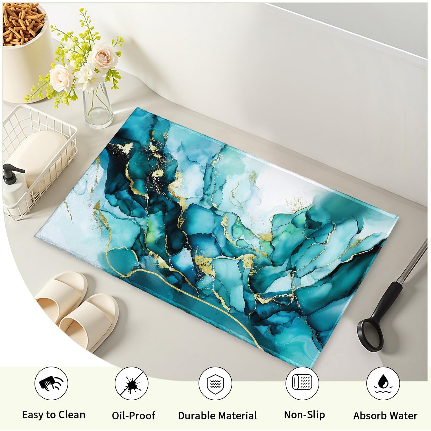 Evlaschin Teal Blue Marble Bath Rug, Abstract Marbling Print Bathroom Mats 32x20 Inch, Luxury Turquoise Gold Non-Slip Absorbent Bathroom Rugs for Bedside Shower Room Bathtub Kitchen Sink