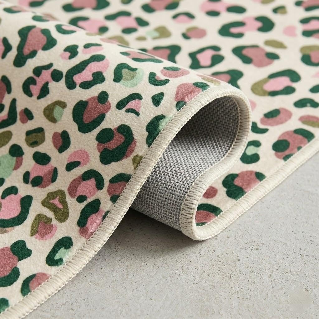 ERYATOU 5x7 Area Rug, Pink and Green Leopard Print Rug, Washable Non-Slip Low Pile Faux Cashmere Carpet for Teen Girls Bedroom, Dorm Room, Living Room Decor