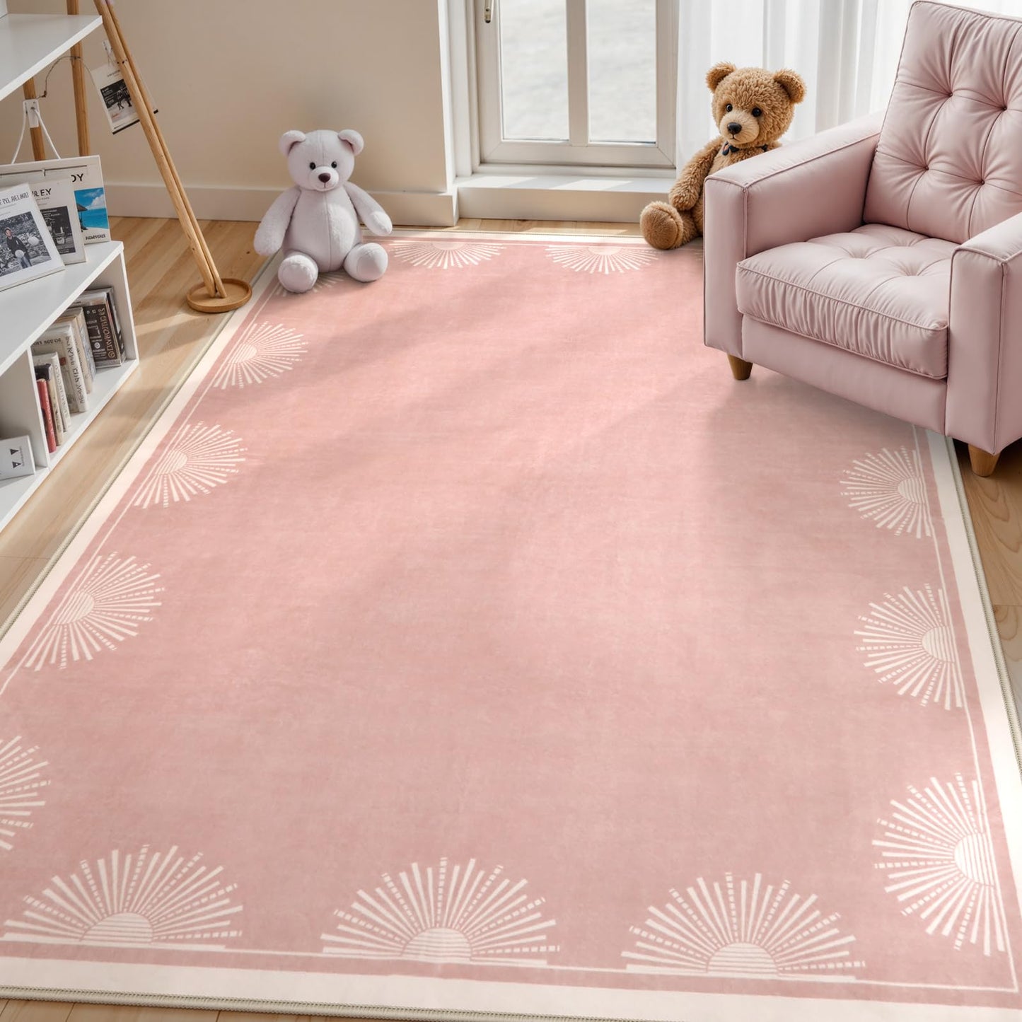 Hedlive Modern 5x7 Pink Area Rugs for Bedroom Girls, Ultra Thin Washable Nursery Rug for Kids Room, Soft Sun Print Toddler Room Rug,Boho Non Shedding Baby Carpets for Classroom Dorm Girls Decor